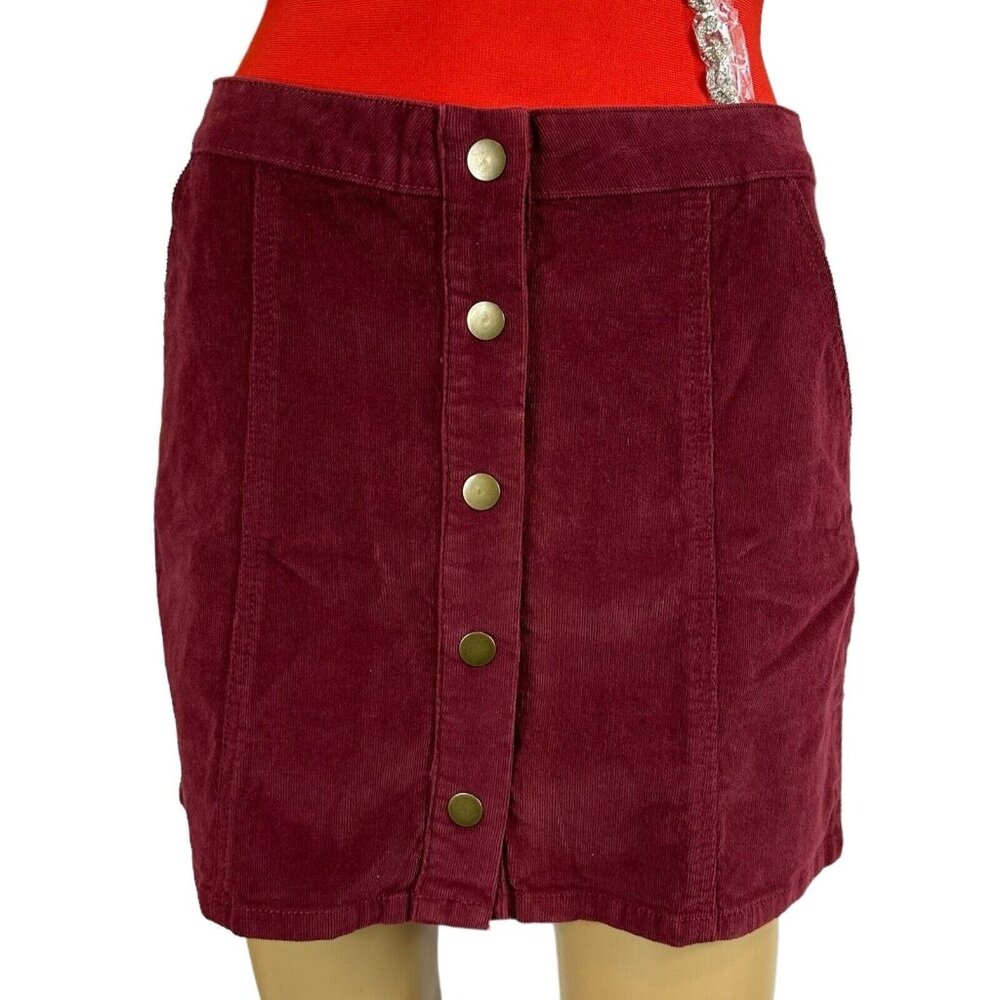 Altard State Corduroy Mini Skirt Small Burgundy Rise Mid Stretch Front Buttons